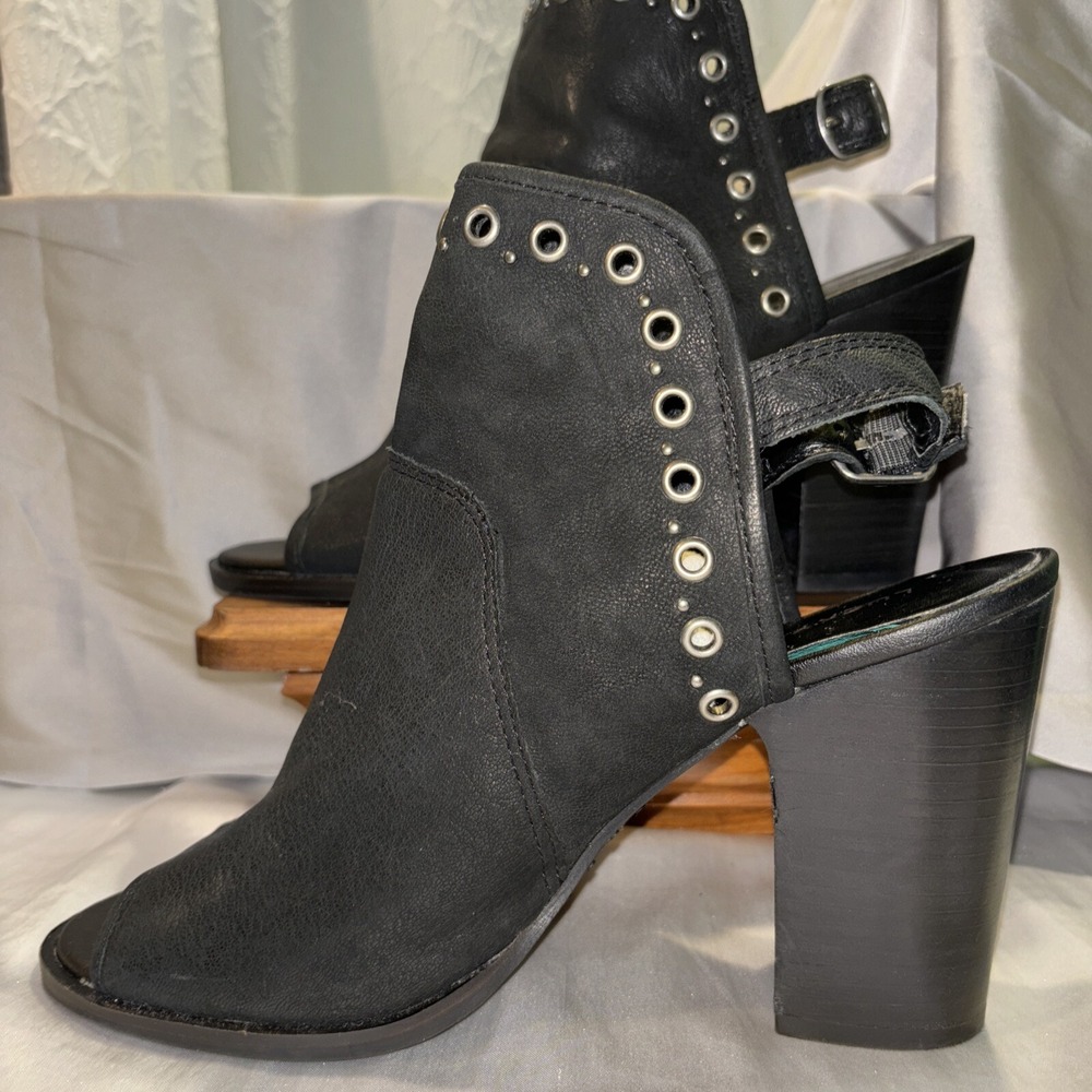 Lucky Brand Women's Black Leather Silver Stud Open Toe Slingback Block Heels 10M